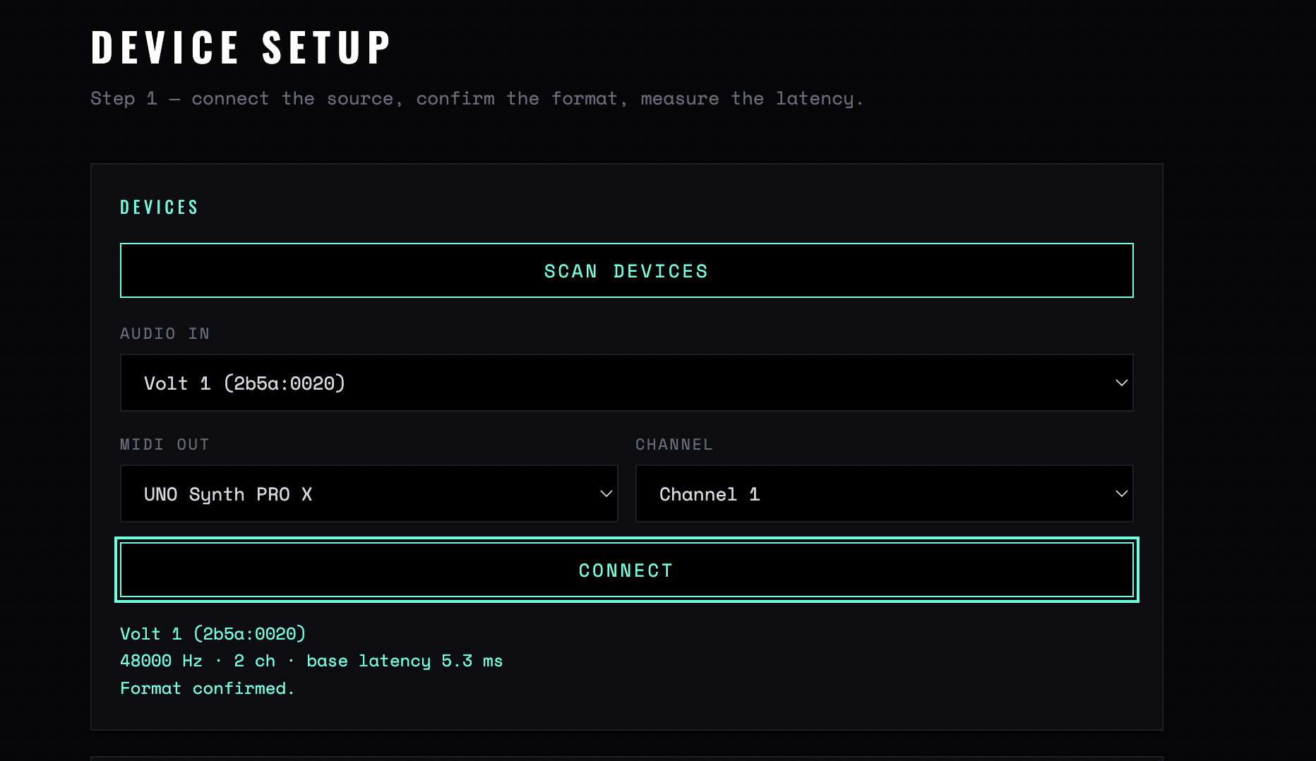 Sample Harvester — Device Setup, connected
